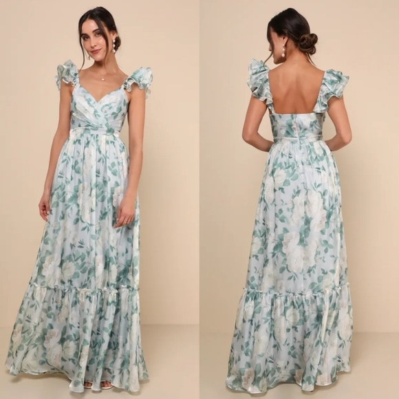 Lulus Soiree Perfection Light Blue Floral Ruffled Tiered Maxi Dress M Wedding - Picture 1 of 11